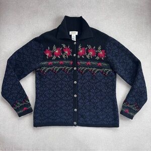 Talbots Wool and Silk Embroidered Poinsettia Cardigan. Navy/Black/Red. Large.